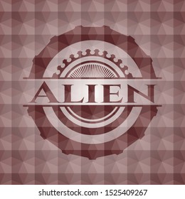 Alien red emblem or badge with geometric pattern background. Seamless.