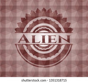 Alien red seamless emblem or badge with abstract geometric polygonal pattern background.