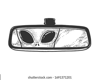 alien is reflected in car rearview mirror sketch engraving vector illustration. T-shirt apparel print design. Scratch board imitation. Black and white hand drawn image.