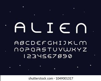 Alien regular font. Vector alphabet letters and numbers. Typeface design. 