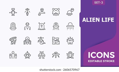 Alien related icon set. Included astronaut, planet, flying and more. Perfect for logos and infographic. Saucer related icon set. Minimalist editable vector stroke.