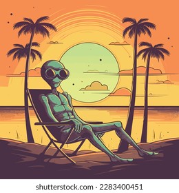 alien relaxing on the beach illustration