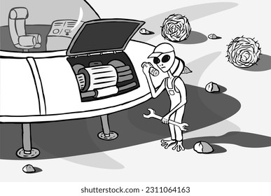 Alien repairman dressed in a cap and overalls stands near a flying saucer with a wrench in his hand and looks at the engine part in a puzzled way. The action takes place in a desert with a tumbleweed