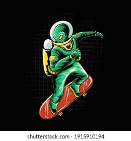 alien ride skateboard vector illustration