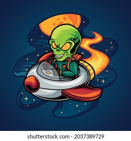 Alien ride a spaceship vector illustration