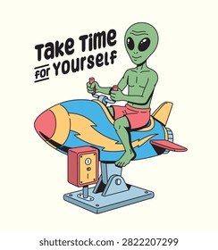 alien riding a coin operated rocket illustration	