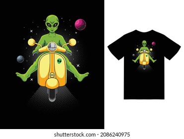 Alien riding scooter in the space illustration with tshirt design premium vector the Concept of Isolated Technology. Flat Cartoon Style Suitable for Landing Web Pages, Banners, Flyers, Stickers, Cards