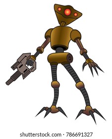 An alien robot with a deadly weapon is surveying the area