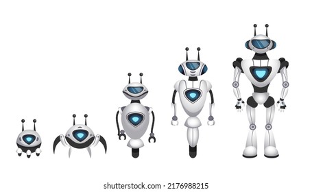 Alien robot evolution. Future digital machines with antenna, cyborg model engineering. Ai technology assistants collection, little and big androids, vector cartoon isolated concept