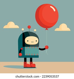 Alien robot holding red balloon, robot with red shoes, vector illustration, flat design