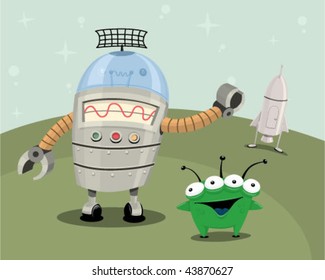 Alien and robot on a planet with a ship.