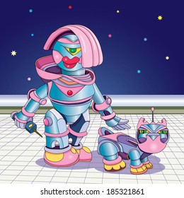 Alien - robotessa with his remote controlled pet dog - a robot.