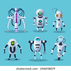 Alien robots, future technology cartoon characters. Robotic life forms, futuristic machines or cyborgs workers with artificial intelligence, claws on hands and glowing neon eyes vector