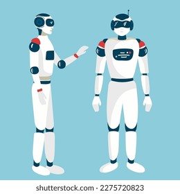 Alien robots, future technology cartoon characters. Robotic life forms, futuristic machines or cyborgs workers with artificial intelligence, claws on hands and glowing neon eyes vector
