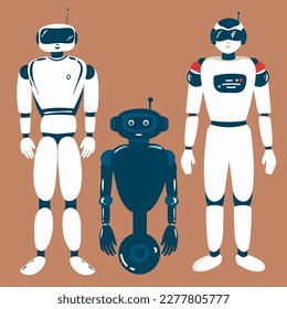 Alien robots, future technology cartoon characters. Robotic life forms, futuristic machines or cyborgs workers with artificial intelligence, claws on hands and glowing neon eyes vector,