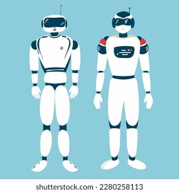 Alien robots, future technology cartoon characters. Robotic life forms, futuristic machines or cyborgs workers with artificial intelligence, claws on hands and glowing neon eyes vector,