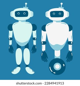 Alien robots, future technology cartoon characters. Robotic life forms, futuristic machines or cyborgs workers with artificial intelligence, claws on hands and glowing neon eyes vector,