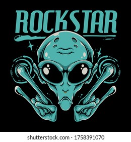 Alien rockstar illustration. Rock sign. Alien head design for t-shirt, sticker, or music festival poster