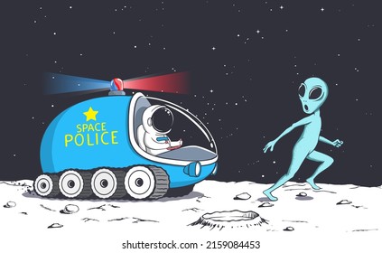 Alien Running Away From A Space Police.Vector Illustration