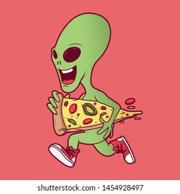 Alien Running With A Pizza Vector Illustration. Fast Food, Brand, Advertising, Logo Design Concept