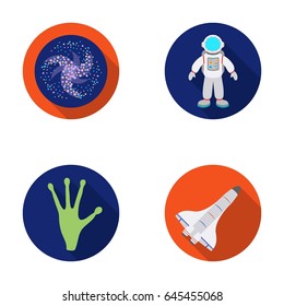 The alien s hand, the space shuttle ship Space Shuttle, the astronaut in the spacesuit, the black hole with the stars. Space set collection icons in flat style vector symbol stock illustration web.