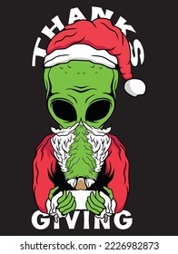 Alien Santa with Christmas tree with 'thanks giving' text. Vector illustration.