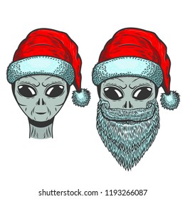 Alien in Santa Claus hat, on white background. Christmas theme. Design element for emblem, poster, t shirt. Vector illustration
