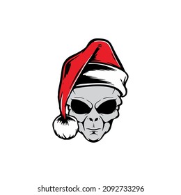 Alien in Santa Claus hat, on white background. Christmas theme. Design element for emblem, poster, t shirt. Vector illustration
