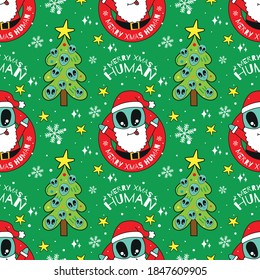 Alien Santa Claus seamless pattern. Textile fabric pattern print, wrapping paper, book cover, pajamas, face mask, and bedding pattern illustration