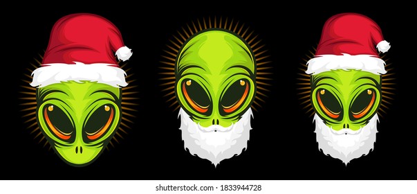 Alien with Santa hat and beard set. Ufo fun concept. Vector illustration 