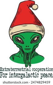 alien with santa hat (Extraterrestrial cooperation for intergalactic peace) funny cartoon art for print on demand (t shirt design).