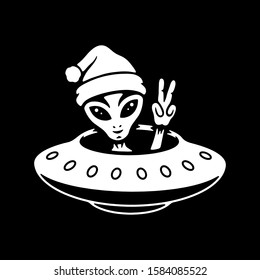 ALIEN IN SANTA HAT WHITE BLACK BACKGROUND