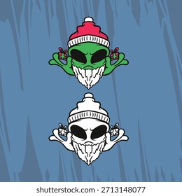 Alien Santa sosteniendo diseño de regalo en estilo de Vector de 2 colores