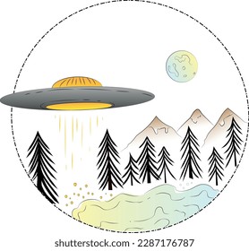 An alien saucer in the mountains shines on the lake