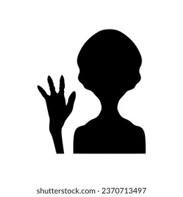 Alien with say hello gesture in black fill silhouette flat icon portrait style. Vector illustration design element template in trendy style. Editable graphic resources for your creativity project.