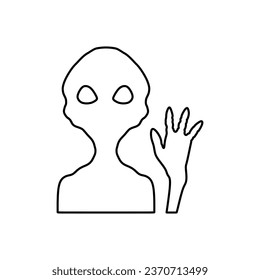 Alien with say hello gesture in outline flat icon portrait style. Vector illustration design element template in trendy style. Editable graphic resources for your creativity project.