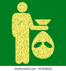 Alien Scalp grainy textured icon for overlay watermark stamps. Flat symbol with dust texture. Dotted vector yellow ink rubber seal stamp with grunge design on a green background.