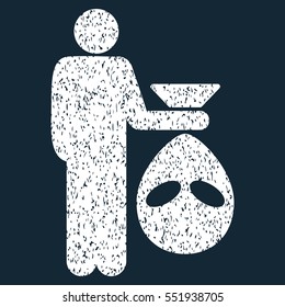 Alien Scalp grainy textured icon for overlay watermark stamps. Flat symbol with dust texture. Dotted vector white ink rubber seal stamp with grunge design on a dark blue background.