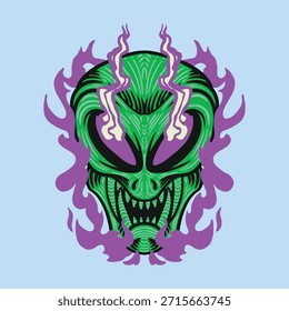 Cabeza de miedo alienígena con fuego púrpura alrededor del diseño de la ropa de calle 