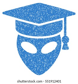 Alien Scientist grainy textured icon for overlay watermark stamps. Flat symbol with dirty texture. Dotted vector cobalt ink rubber seal stamp with grunge design on a white background.