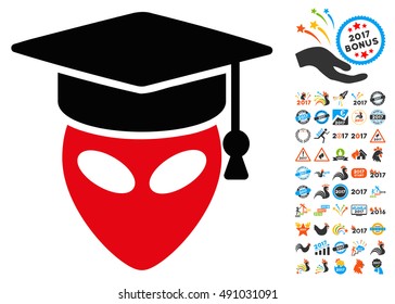 Alien Scientist icon with 2017 year bonus vector design elements. Set style is flat symbols, white background.