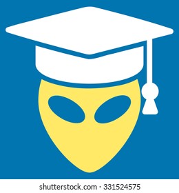 Alien Scientist vector icon. Style is flat bicolor yellow and white symbol, rounded angles, blue background.