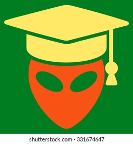 Alien Scientist vector icon. Style is flat bicolor orange and yellow symbol, rounded angles, green background.
