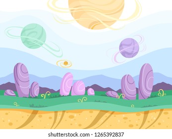 Alien seamless background. Moon surface strange futuristic fantasy planet ground explorer mountain 2d games vector cartoon picture