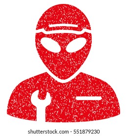 Alien Serviceman grainy textured icon for overlay watermark stamps. Flat symbol with dust texture. Dotted vector red ink rubber seal stamp with grunge design on a white background.