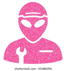 Alien Serviceman grainy textured icon for overlay watermark stamps. Flat symbol with dust texture. Dotted vector pink ink rubber seal stamp with grunge design on a white background.