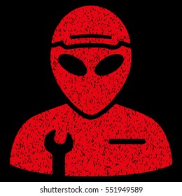 Alien Serviceman grainy textured icon for overlay watermark stamps. Flat symbol with dust texture. Dotted vector red ink rubber seal stamp with grunge design on a black background.