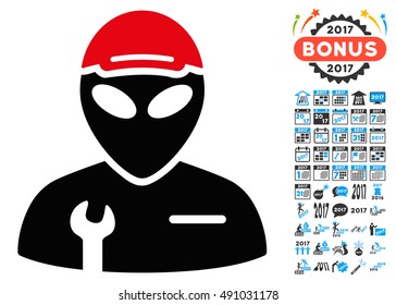 Alien Serviceman icon with 2017 year bonus vector design elements. Collection style is flat symbols, white background.