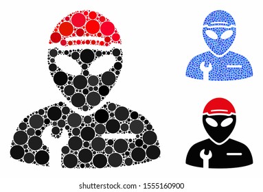Alien serviceman mosaic of small circles in various sizes and color tints, based on alien serviceman icon. Vector small circles are united into blue mosaic.
