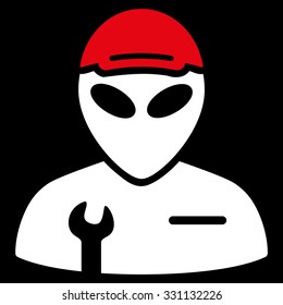 Alien Serviceman vector icon. Style is flat bicolor red and white symbol, rounded angles, black background.